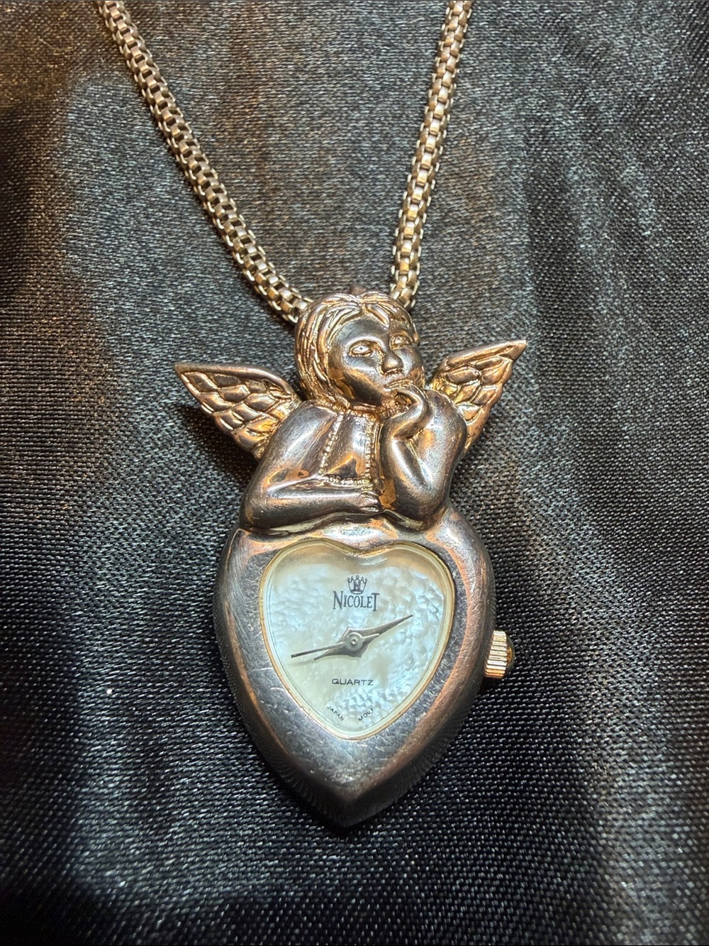 Nicolet Sterling Silver Vintage Angel Heart Pendant Watch Necklace